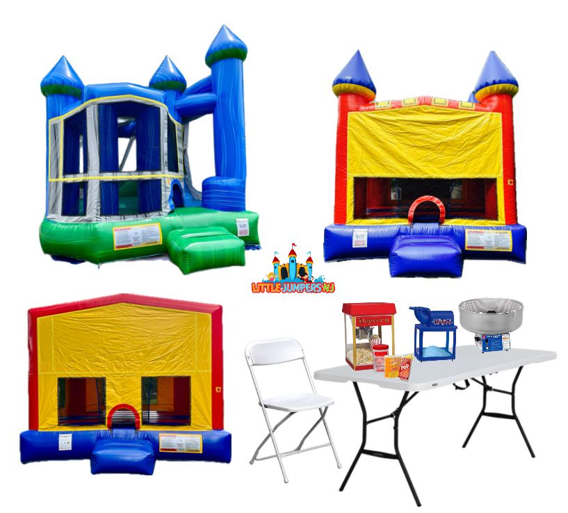 Colorful bounce houses and party equipment