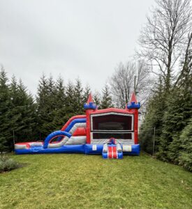 Inflatable blue red bounce house with slide nj